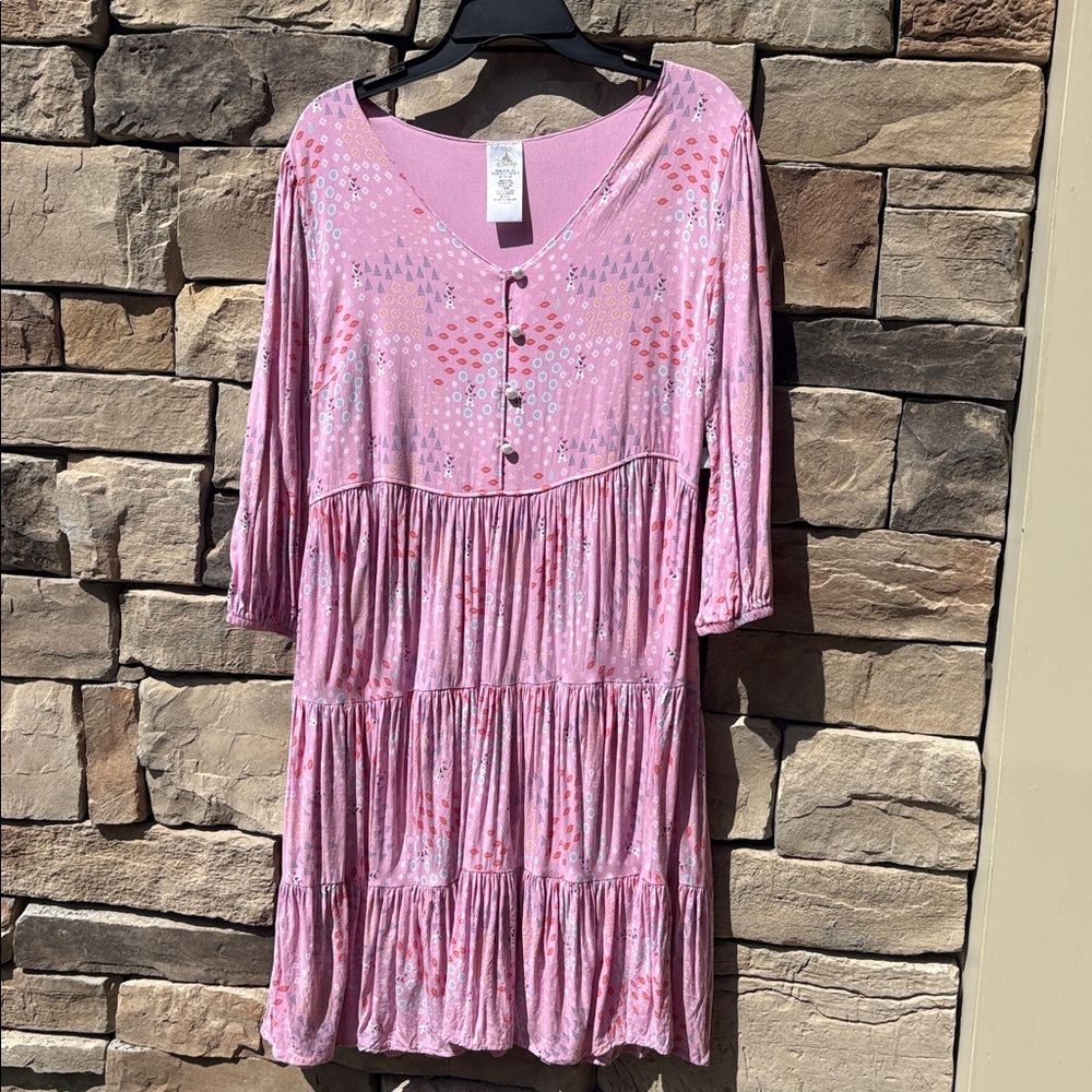 Disney OLAF Soft Pink Tiered V-Neck Dress with Subtle Pattern